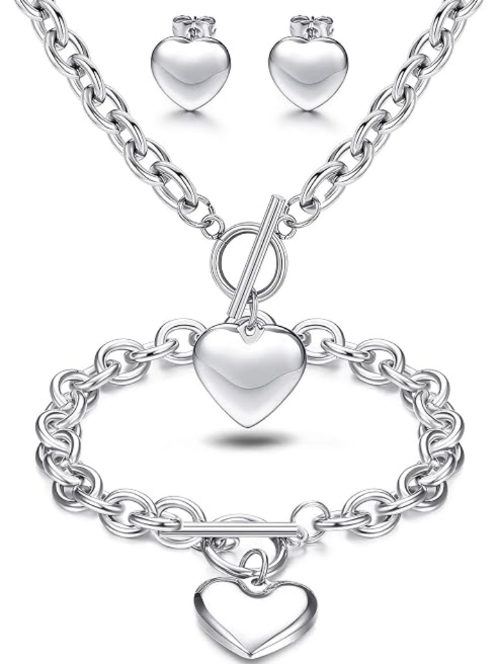 925 Silver Heart Jewelry Set – Necklace, Bracelet & Heart Stud Earrings NWT